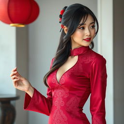 A Chinese girl wearing a sexy red maroon traditional Chinese outfit, designed to accentuate her curves with elegant patterns and modern flair