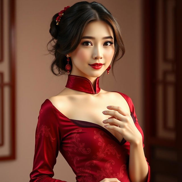 A Chinese girl wearing a sexy red maroon traditional Chinese outfit, designed to accentuate her curves with elegant patterns and modern flair