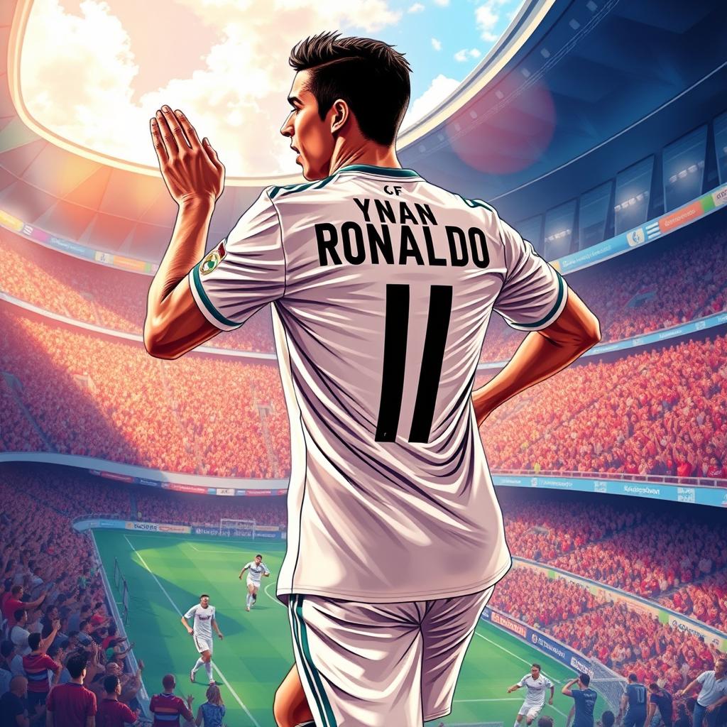 A highly detailed and vivid illustration of Cristiano Ronaldo in his famous Real Madrid jersey, showcasing his athletic build and dynamic presence