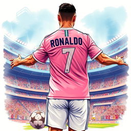 A highly detailed and vivid illustration of Cristiano Ronaldo in his famous Real Madrid jersey, showcasing his athletic build and dynamic presence