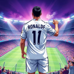 A highly detailed and vivid illustration of Cristiano Ronaldo in his famous Real Madrid jersey, showcasing his athletic build and dynamic presence