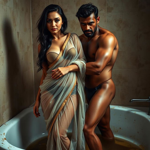 A full-length intimate photo shoot featuring a gorgeous 24-year-old Arab woman in a transparent wet saree, beautifully showcasing her sexy boobs, hot navel, and seductive thighs