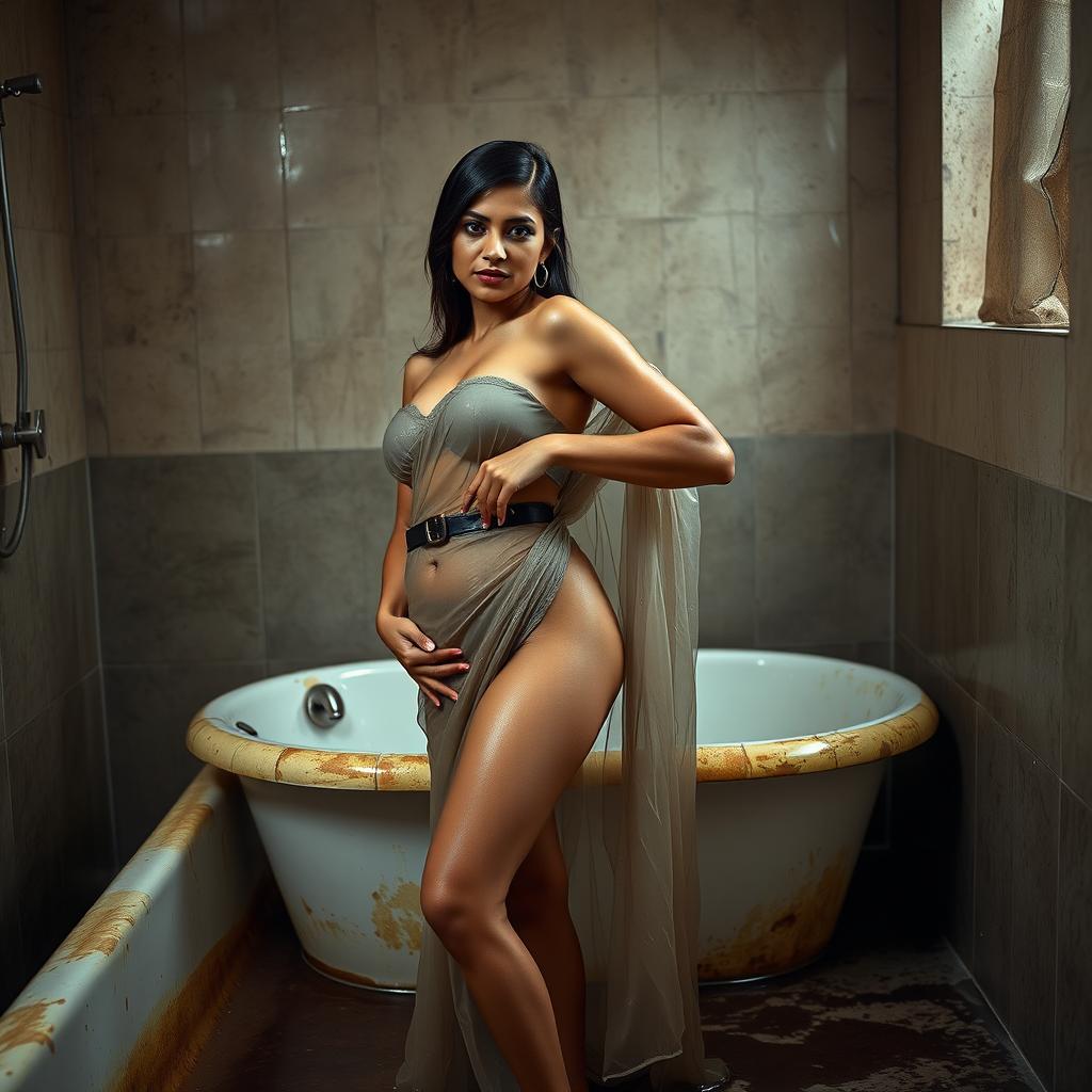 A full-length intimate photo shoot featuring a gorgeous 24-year-old Arab woman in a transparent wet saree, beautifully showcasing her sexy boobs, hot navel, and seductive thighs