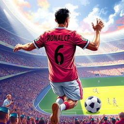 A highly detailed and vivid illustration of Cristiano Ronaldo in his famous Real Madrid jersey, showcasing his athletic build and dynamic presence