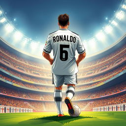 A high-quality, detailed illustration of Cristiano Ronaldo in his Real Madrid jersey, emphasizing his powerful stance and charisma