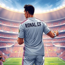 A high-quality, detailed illustration of Cristiano Ronaldo in his Real Madrid jersey, emphasizing his powerful stance and charisma