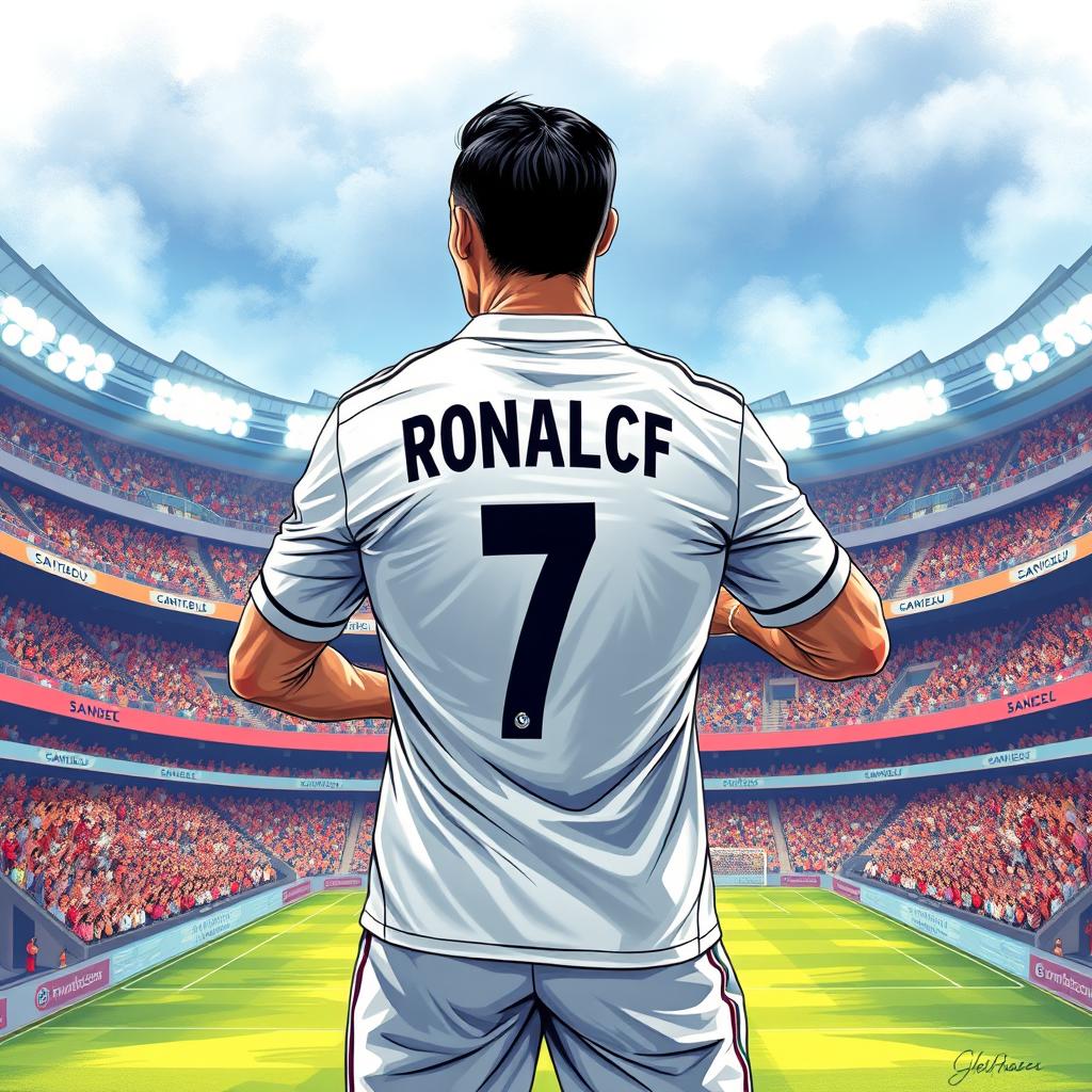 A high-quality, detailed illustration of Cristiano Ronaldo in his Real Madrid jersey, emphasizing his powerful stance and charisma