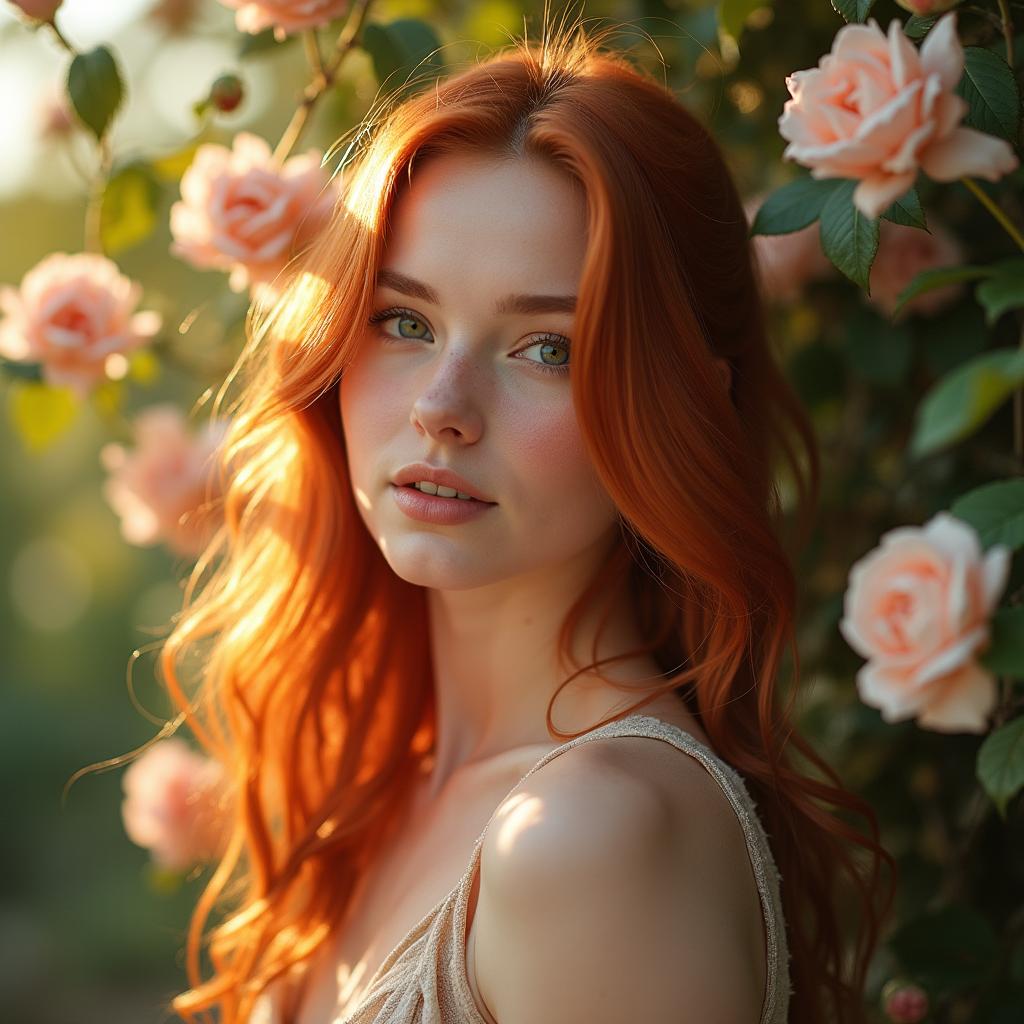 A serene and artistic portrayal of a beautiful young redheaded woman in a natural setting, exuding confidence and grace
