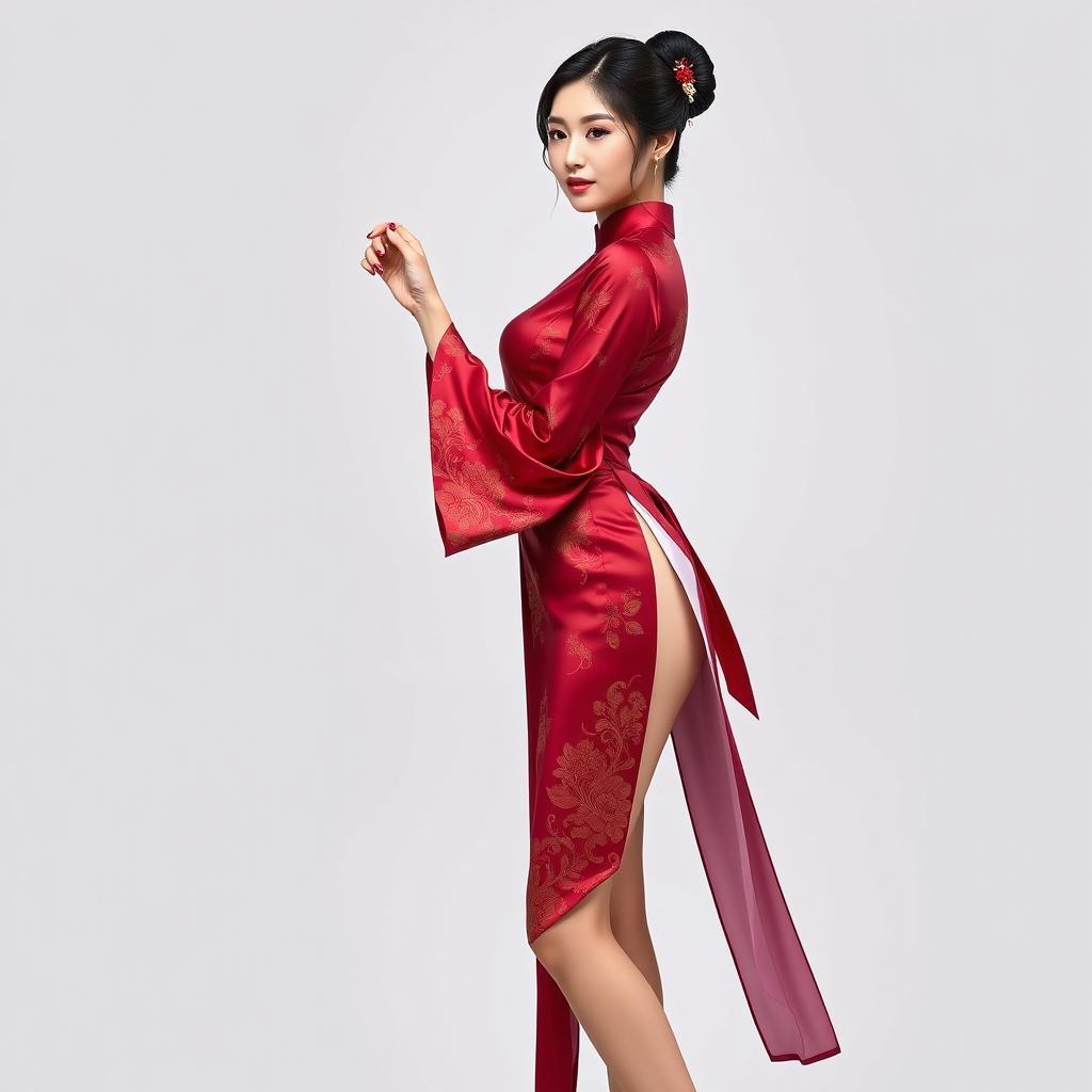 A Chinese girl wearing a sexy red maroon traditional Chinese outfit that beautifully highlights her silhouette