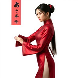 A Chinese girl wearing a sexy red maroon traditional Chinese outfit that beautifully highlights her silhouette