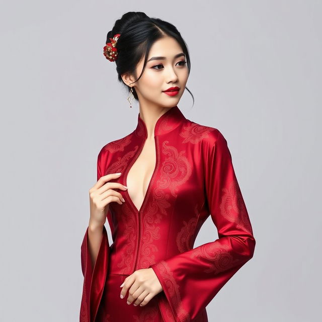 A Chinese girl wearing a sexy red maroon traditional Chinese outfit that beautifully highlights her silhouette