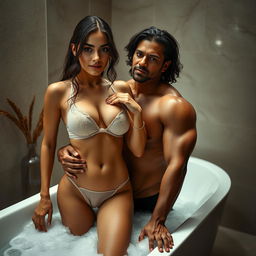 A full-length intimate photo shoot featuring a stunning 24-year-old Arab woman in a transparent wet bikini, emphasizing her sexy boobs, hot navel, and seductive thighs