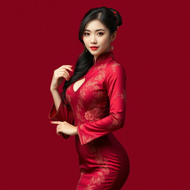 A Chinese girl in a sexy red maroon traditional Chinese outfit, elegantly holding an object in her hand