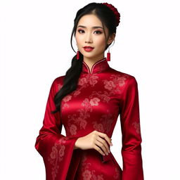 A Chinese girl in a sexy red maroon traditional Chinese outfit, elegantly holding an object in her hand