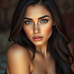A hyper-realistic portrait of a 25-year-old Persian woman with large breasts and an exceptionally pretty face