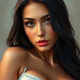 A hyper-realistic portrait of a 25-year-old Persian woman with large breasts and an exceptionally pretty face