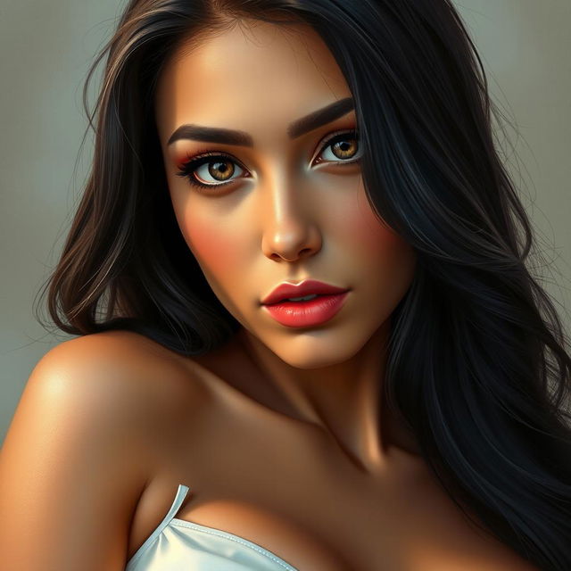 A hyper-realistic portrait of a 25-year-old Persian woman with large breasts and an exceptionally pretty face