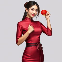 A Chinese girl wearing a sexy red maroon traditional Chinese outfit, holding and showcasing an object in her hand