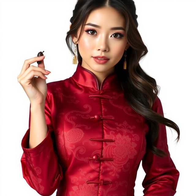 A Chinese girl wearing a sexy red maroon traditional Chinese outfit, holding and showcasing an object in her hand