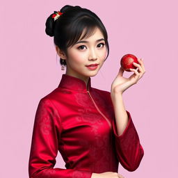 A Chinese girl wearing a sexy red maroon traditional Chinese outfit, holding and showcasing an object in her hand