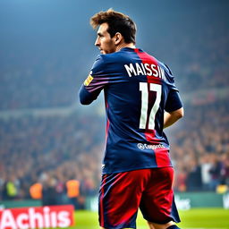 Lionel Messi in his Paris Saint-Germain (PSG) jersey, showcasing his skill and determination on the pitch
