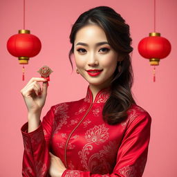A Chinese girl wearing a sexy red maroon traditional Chinese outfit, holding and displaying an object in her hand with a graceful expression