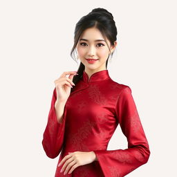 A Chinese girl wearing a sexy red maroon traditional Chinese outfit, holding and displaying an object in her hand with a graceful expression