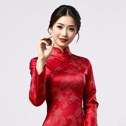 A Chinese girl wearing a sexy red maroon traditional Chinese outfit, holding and displaying an object in her hand with a graceful expression