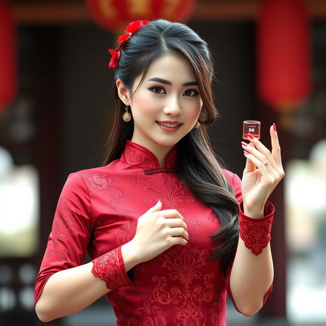 A Chinese girl wearing a sexy red maroon traditional Chinese outfit, holding and displaying an object in her hand with a graceful expression