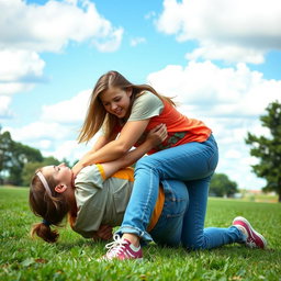 Two high school girls in an intense outdoor setting, passionately wrestling on a grassy field