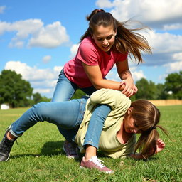 Two high school girls in an intense outdoor setting, passionately wrestling on a grassy field