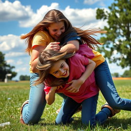 Two high school girls in an intense outdoor setting, passionately wrestling on a grassy field