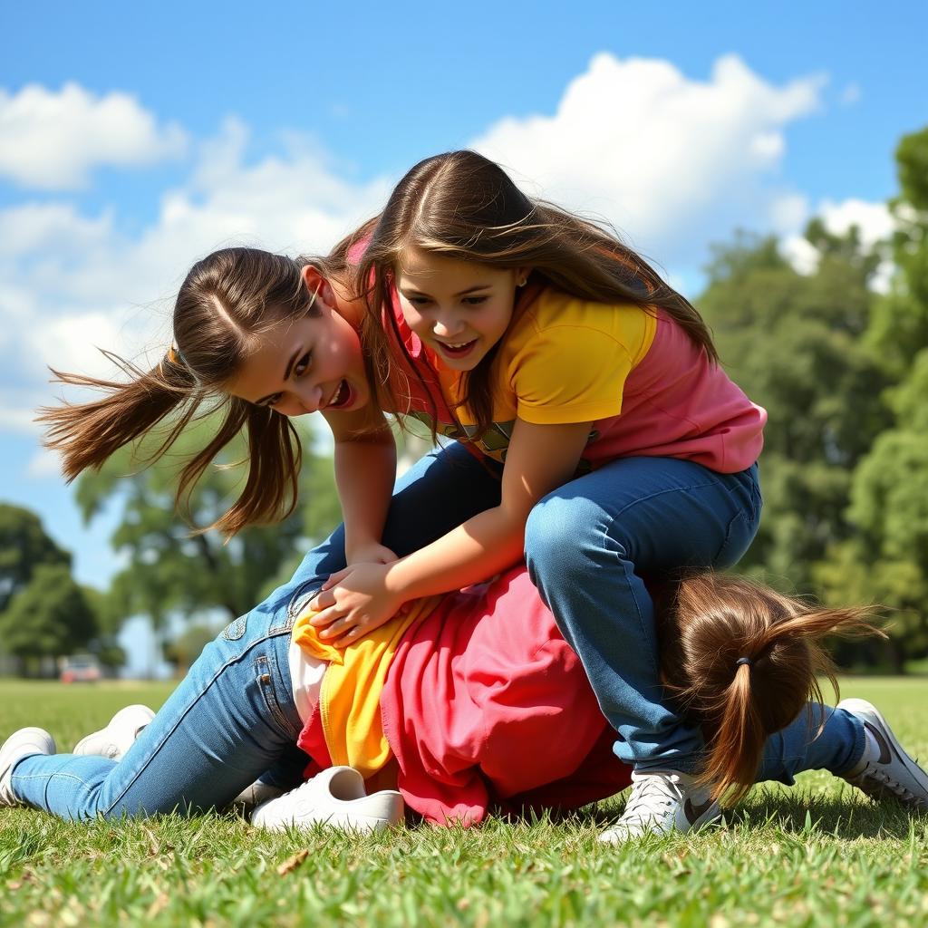 Two high school girls in an intense outdoor setting, passionately wrestling on a grassy field