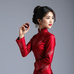 A Chinese girl wearing a sexy red maroon traditional Chinese outfit, elegantly holding and displaying an object in her hand, directing her gaze and the presentation to the right