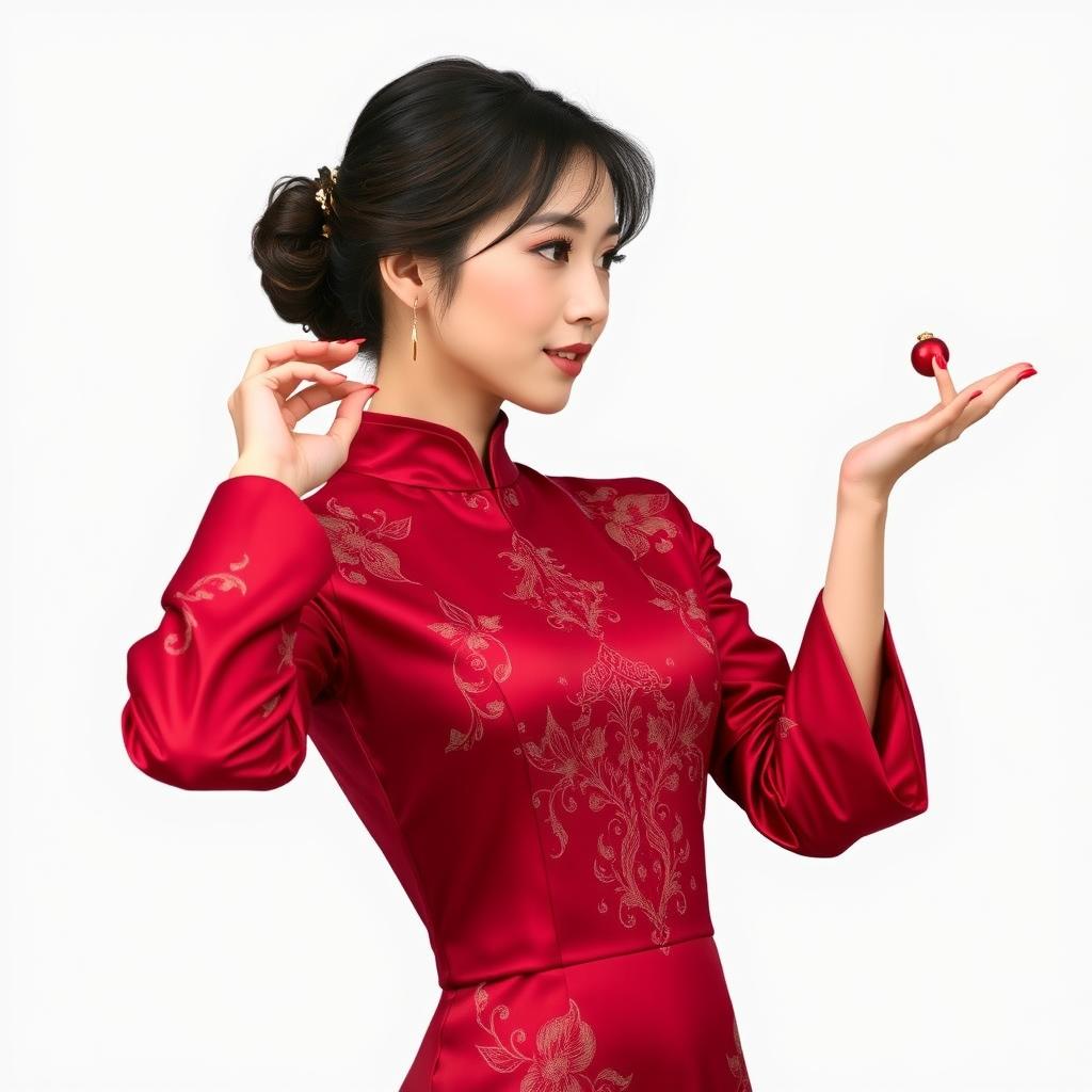 A Chinese girl wearing a sexy red maroon traditional Chinese outfit, elegantly holding and displaying an object in her hand, directing her gaze and the presentation to the right