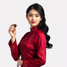 A Chinese girl wearing a sexy red maroon traditional Chinese outfit, elegantly holding and displaying an object in her hand, directing her gaze and the presentation to the right