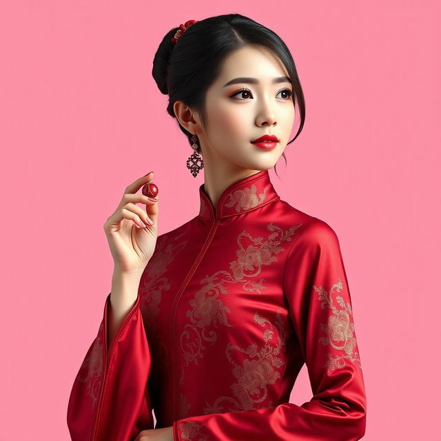 A Chinese girl wearing a sexy red maroon traditional Chinese outfit, elegantly holding and displaying an object in her hand, directing her gaze and the presentation to the right