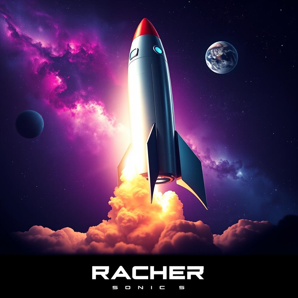 A stunning digital art poster of a rocket launching into space, showcasing the rocket's powerful engines emitting bright flames and smoke