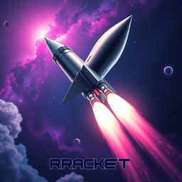 A stunning digital art poster of a rocket launching into space, showcasing the rocket's powerful engines emitting bright flames and smoke