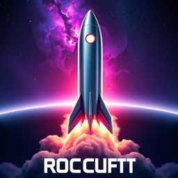 A stunning digital art poster of a rocket launching into space, showcasing the rocket's powerful engines emitting bright flames and smoke