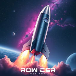 A stunning digital art poster of a rocket launching into space, showcasing the rocket's powerful engines emitting bright flames and smoke