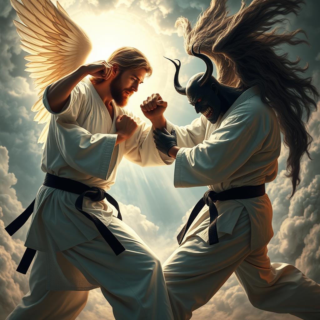 A dramatic and surreal scene depicting a fierce and dynamic ju-jitsu match between a celestial figure representing Jesus, with a gentle yet commanding presence, and a powerful figure representing the devil, exuding a dark and menacing aura