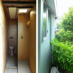 A 6x4 sq ft balcony transformed into a cozy, compact washroom and shower area maximizing space efficiency.