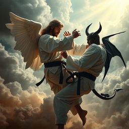 A dramatic and surreal scene depicting a fierce and dynamic ju-jitsu match between a celestial figure representing Jesus, with a gentle yet commanding presence, and a powerful figure representing the devil, exuding a dark and menacing aura