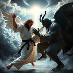 A dramatic and surreal scene depicting a fierce and dynamic ju-jitsu match between a celestial figure representing Jesus, with a gentle yet commanding presence, and a powerful figure representing the devil, exuding a dark and menacing aura