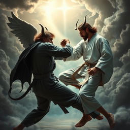 A dramatic and surreal scene depicting a fierce and dynamic ju-jitsu match between a celestial figure representing Jesus, with a gentle yet commanding presence, and a powerful figure representing the devil, exuding a dark and menacing aura