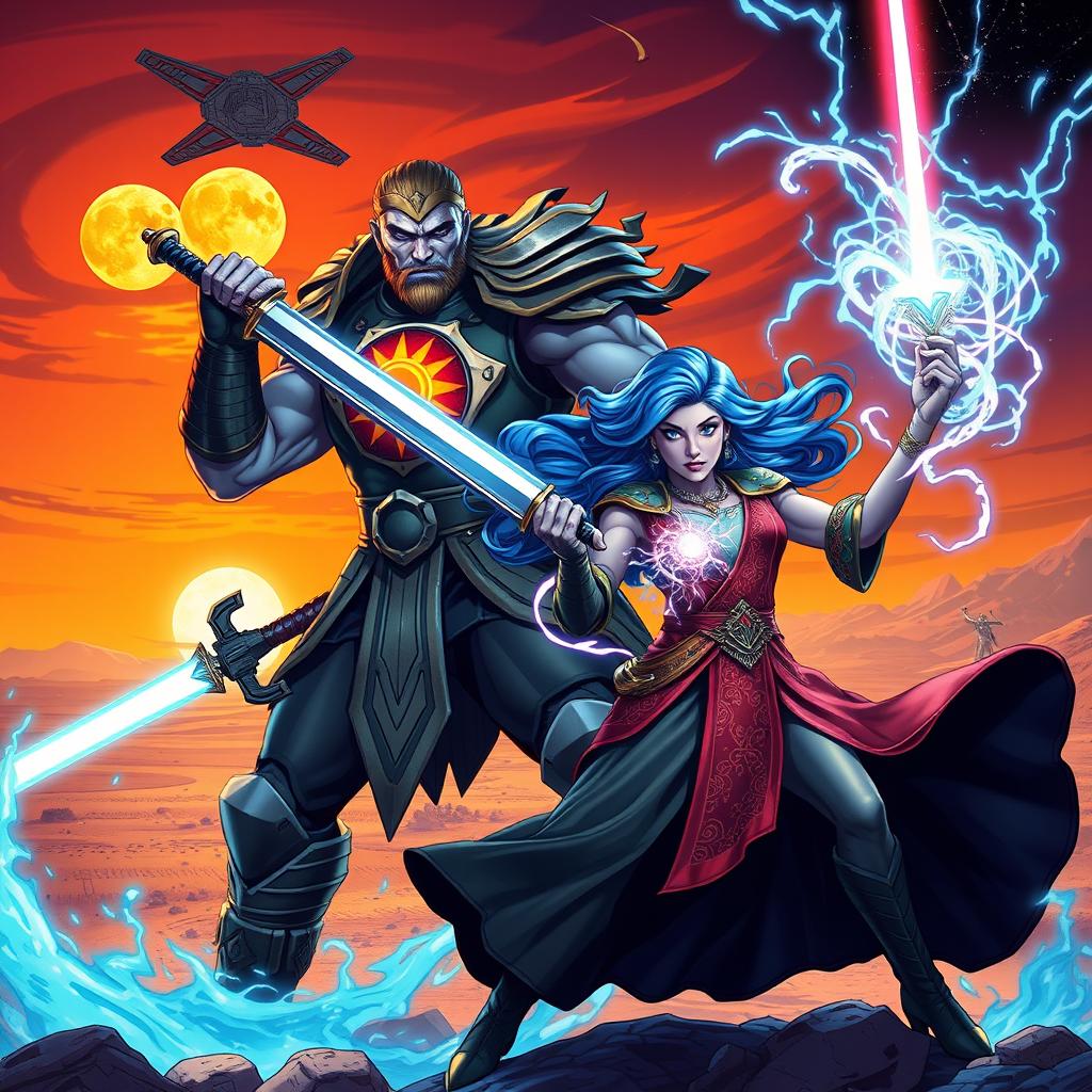 A vibrant and dynamic crossover scene featuring Escanor, a towering figure with a radiant sun emblem on his chest, and Merlin, a beautiful sorceress with flowing blue hair and intricate robes, set in a Star Wars universe