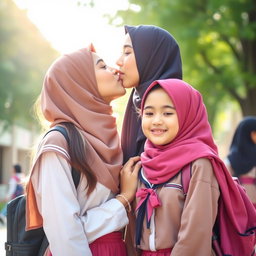 A heartwarming scene featuring a tall girl kissing a shorter girl on the lips, both of them radiating beauty and love