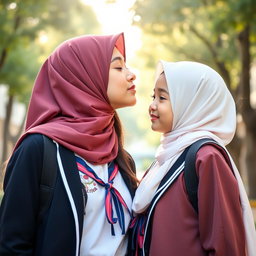 A heartwarming scene featuring a tall girl kissing a shorter girl on the lips, both of them radiating beauty and love