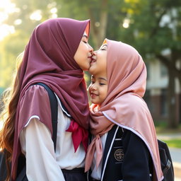A heartwarming scene featuring a tall girl kissing a shorter girl on the lips, both of them radiating beauty and love
